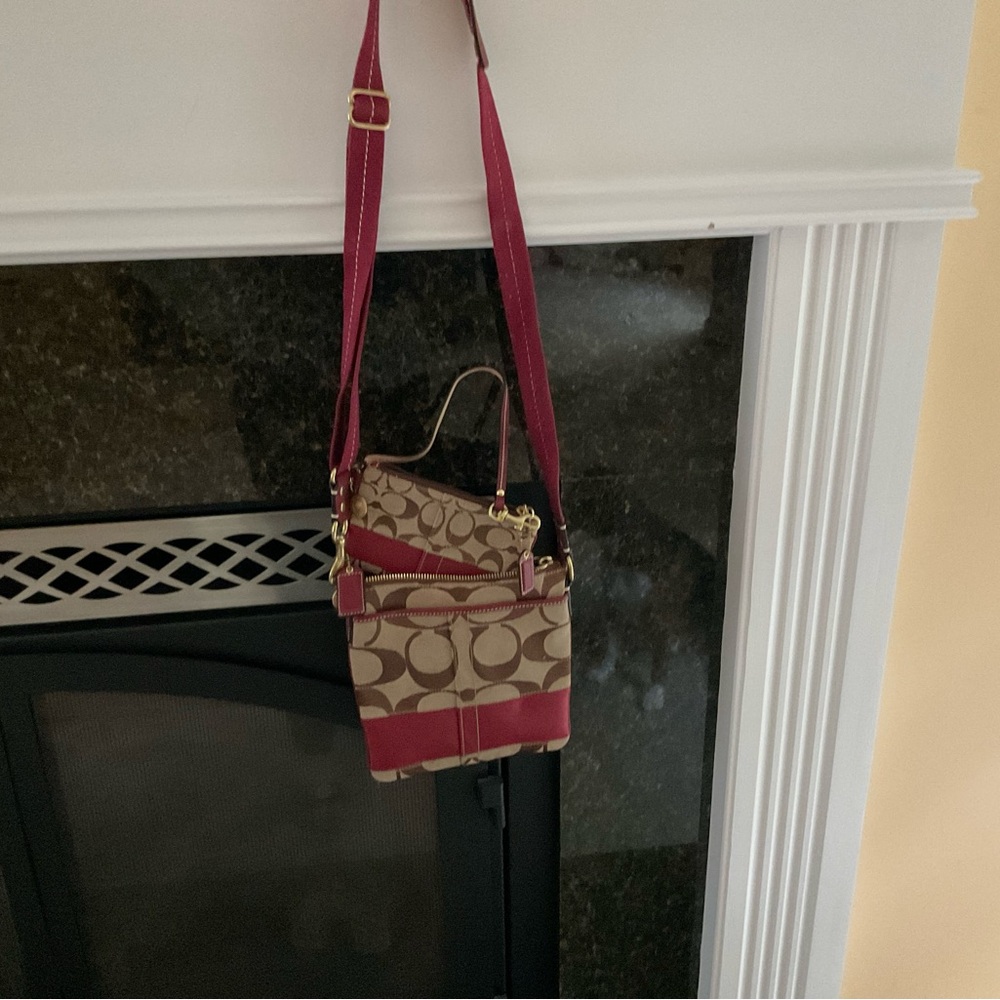 Coach Tan and Red Crossbody Bag Signature Style with wallet